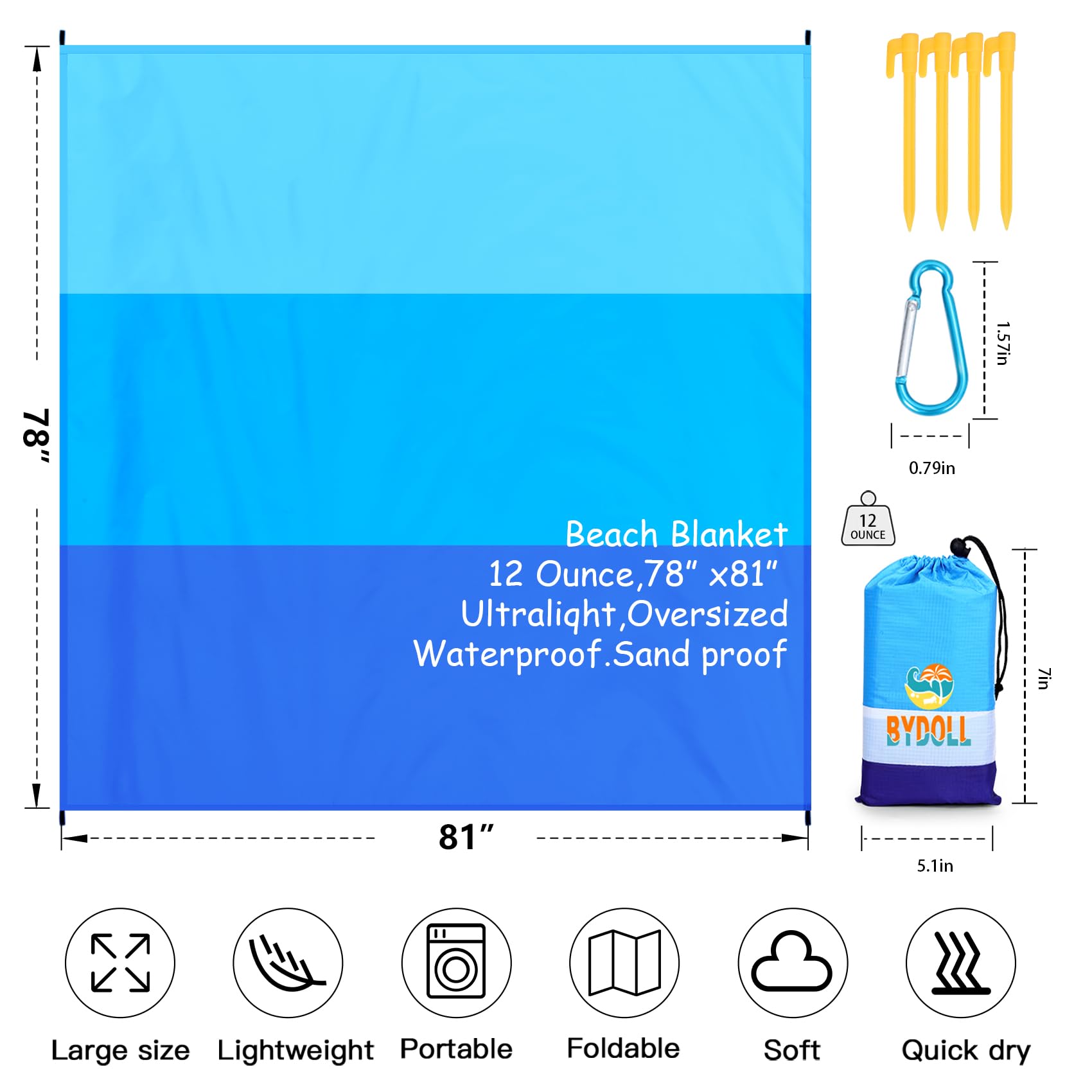 BYDOLL Beach Blanket Waterproof Sandproof 78''×81'' 1-5 Adults Oversized Lightweight Large Picnic Mat Waterproof Sandproof Blanket for Beach Camping Hiking Travel