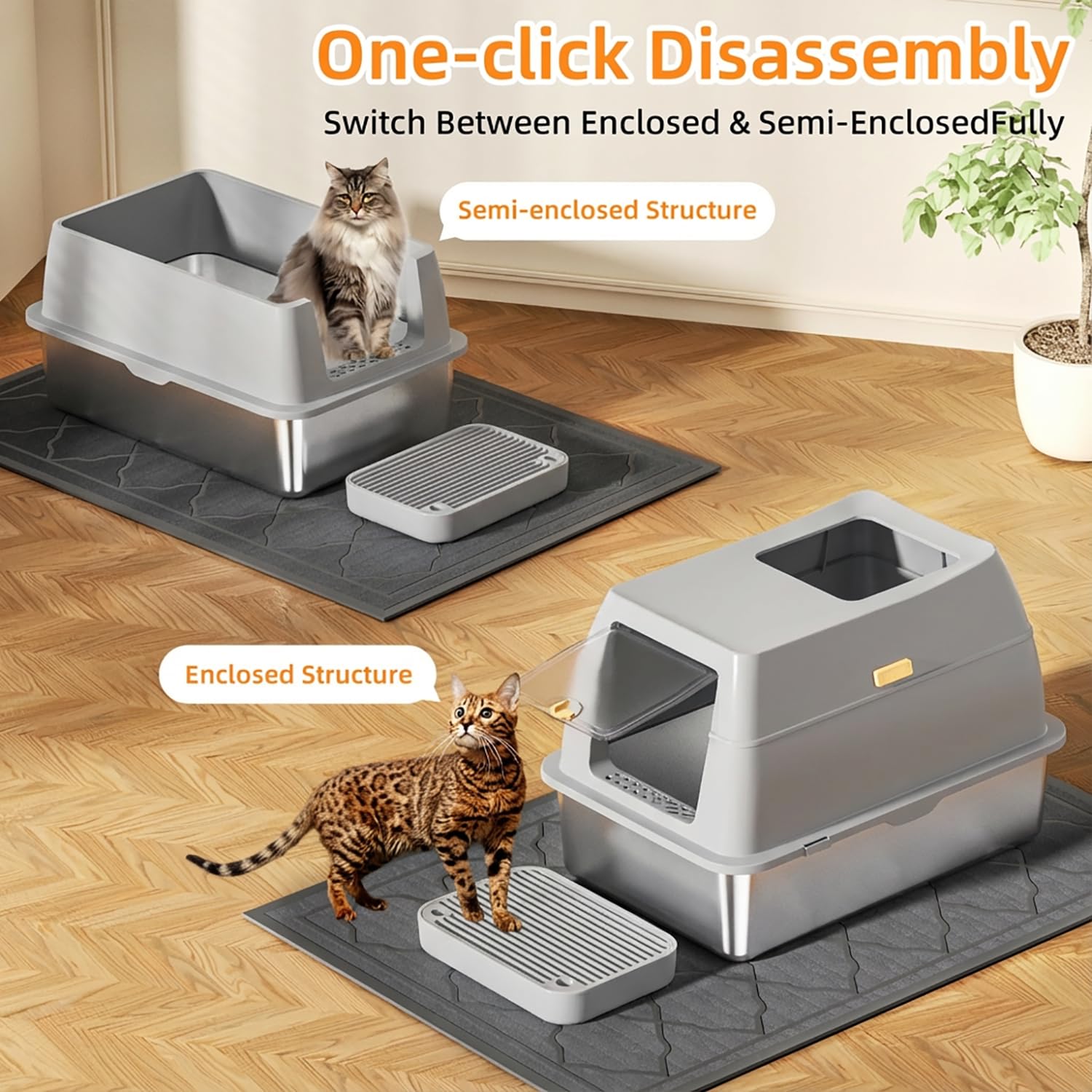 Stainless Steel Litter Box with Lid,Front Entry Top Exit Kitty LitterBox,Extra Large Enclosed Metal Cat Box with Litter Scoop & Litter Mat-Light Gray - image 3