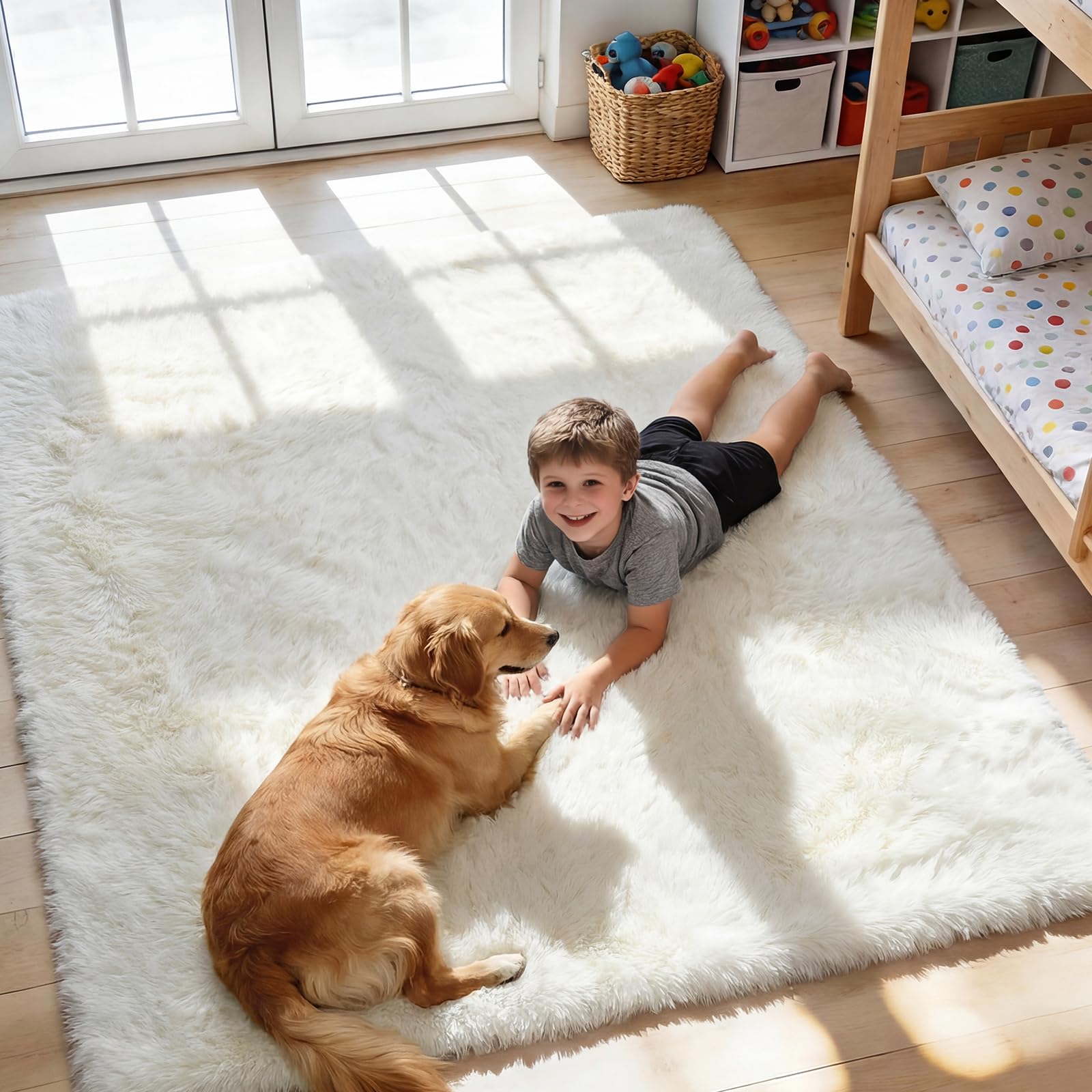 Homcomodar Hochflor Teppich Wohnzimmer Beige Teppich Wohnzimmer 200x300 Große Teppiche Anti-Rutsch Teppiche Kinderzimmer Schlafzimmer FlauschigerTeppich