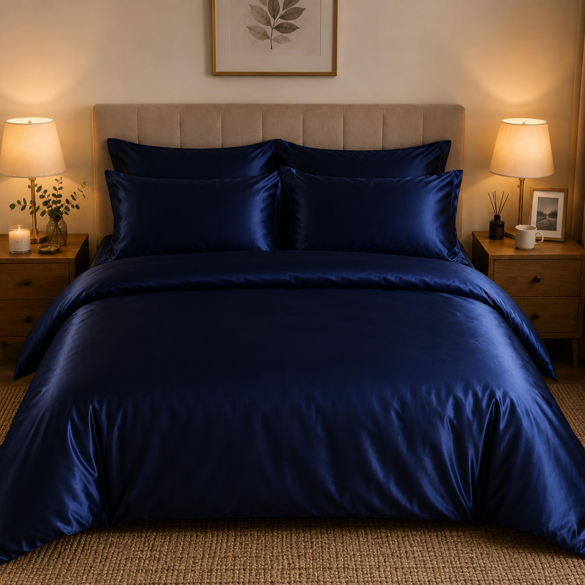 CHARKHAH Satin Silk 6 Piece Complete Bedding Set Durable Silky Fabric with Single Double King Size Bed Fitted Sheet Duvet Cover Comforter and 4 Pillow Cases (Single, Blue) — image 1
