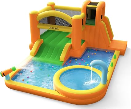 AirMyFun Water Slides for Kids, 9 in 1 Water Bounce House for Kids Backyard with Slide,Deep Pool, Climbing Wall, Water Cannon, Basketball Hoop, Inflatable Water Park with Blower