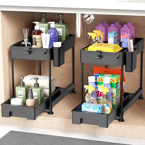 SPACEKEEPER Organizador para debajo del fregadero organizador deslizante de 2 niveles para debajo del baño estante de almacenamiento con ganchos