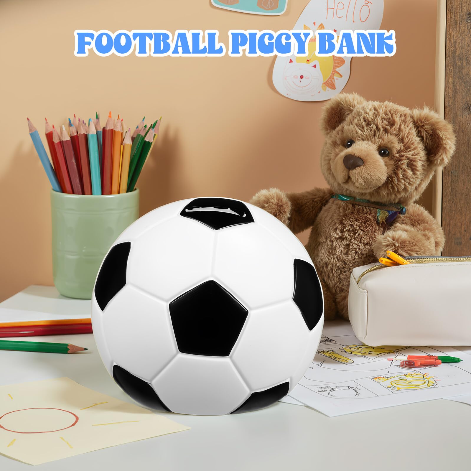 Salvadanaio a Forma di Pallone da Calcio per Decorazione per Scrivania e Camera Materiale Vinilico Robusto Anticaduta Grande Capacità e Apertura Comoda