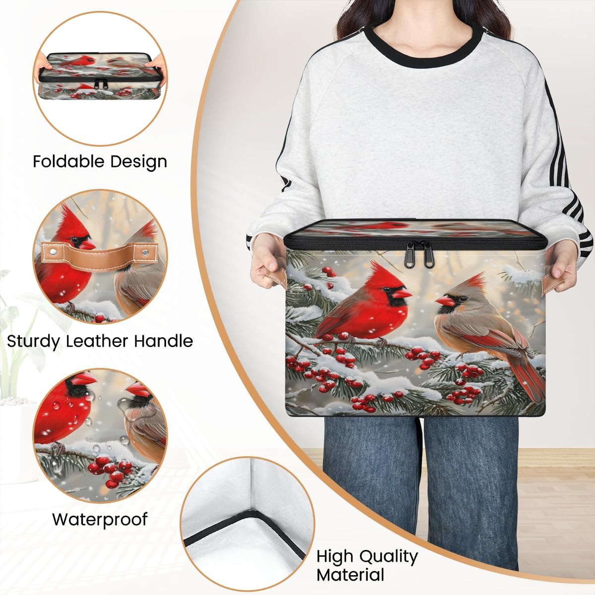 Storage Bin Set of 2 Winter Cardinal Bird Berry Storage Basket with Zipper Lid & Handle Foldable Closet Shelf 2 Pack Cloth Organizer Basket Cube Bins for Bedroom, Nursery