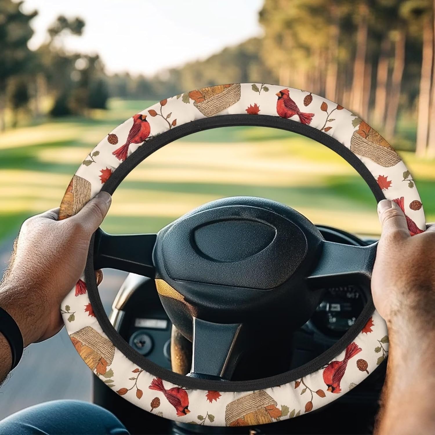 GIFTPUZZ Northern Cardinal Steering Wheel Cover - Premium Polyester Universal 12-13 Inch, Bird Motif Breathable Padding, Nature Lover's Choice Thanksgiving Day