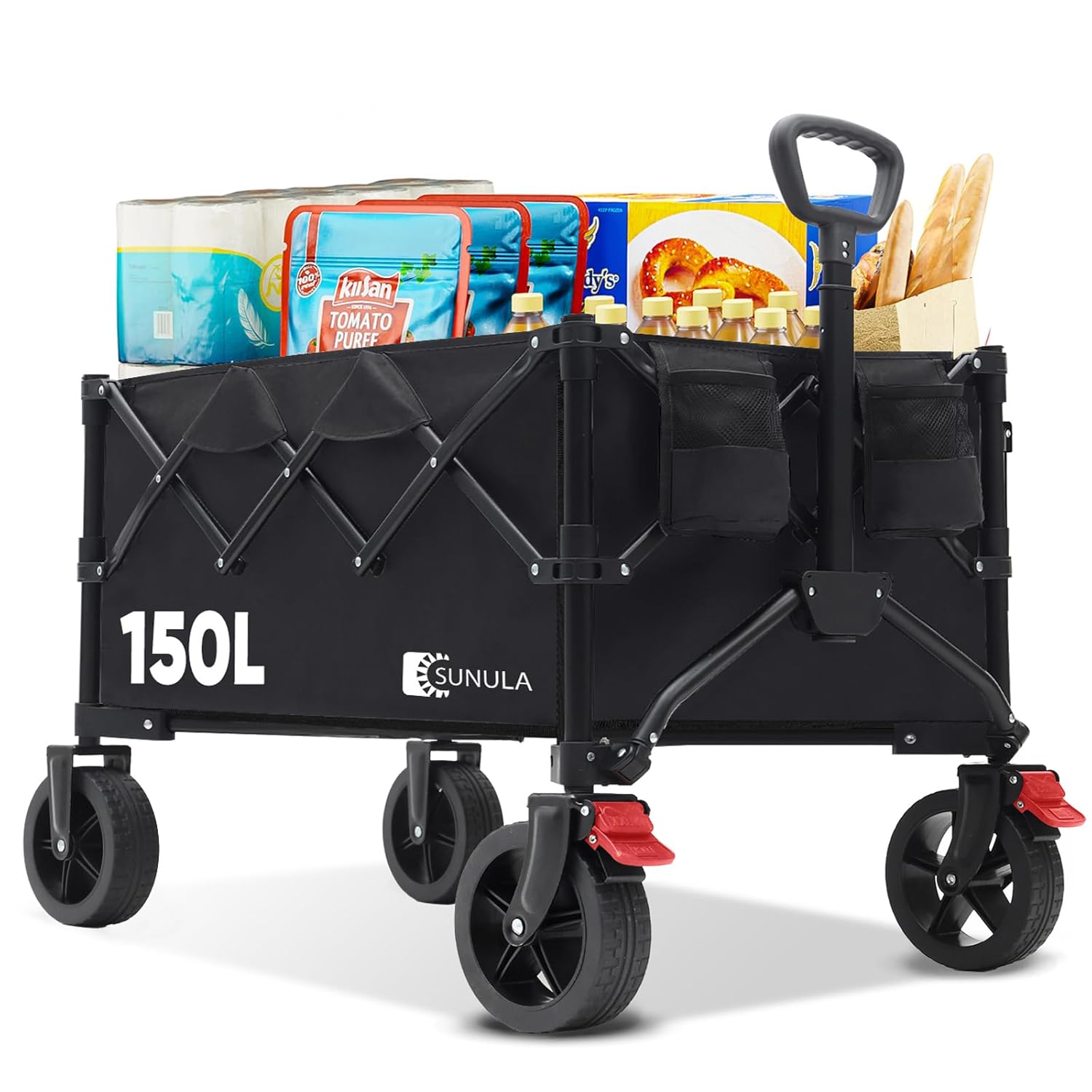 SUNULA Carro Plegable 120kg 4 Lados Transporte, asa un Clic & Ruedas Todo Terreno Frenos 150L, Negro