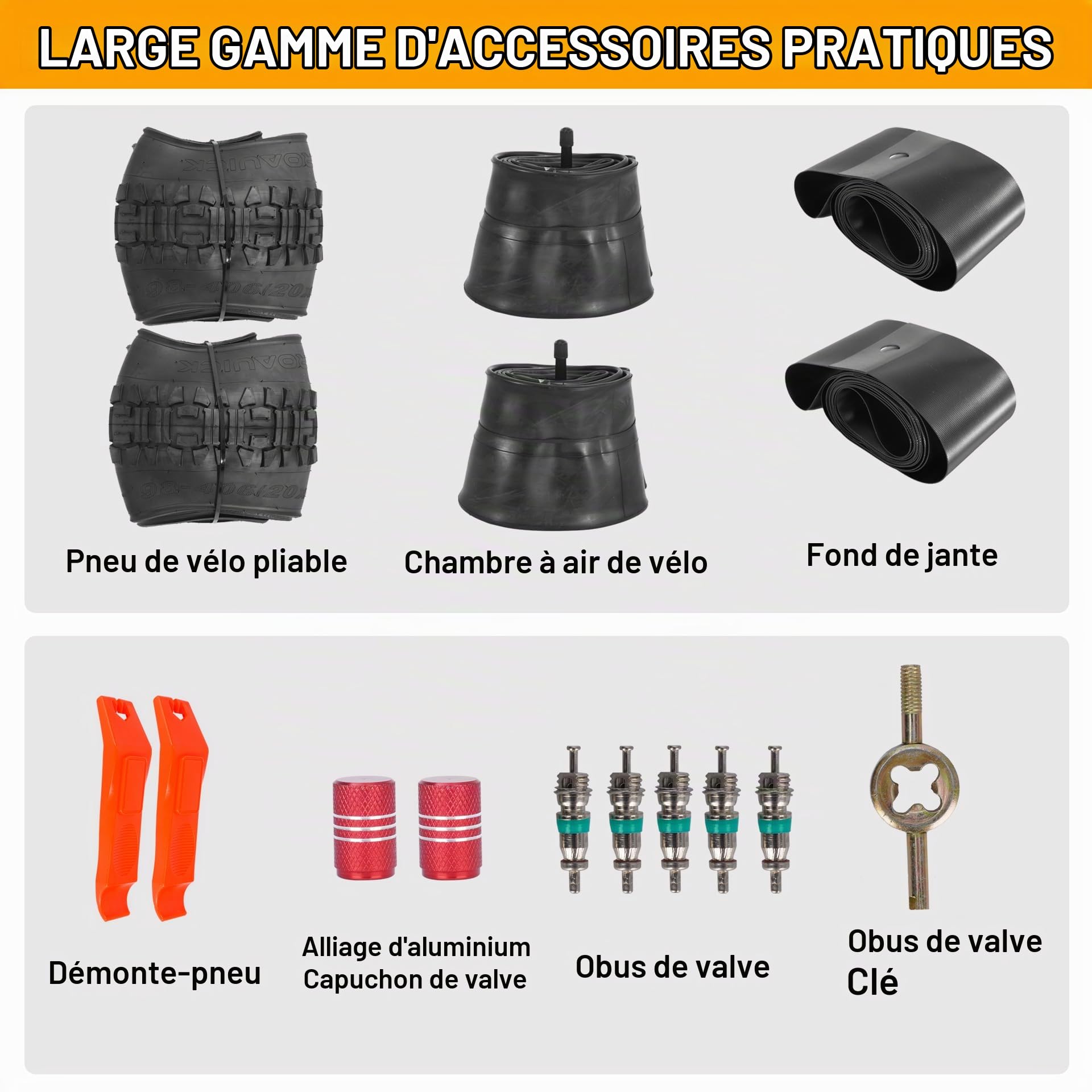 Pneu et Chambre à air Fat 20x4.0 pour vélo électrique - Lot de 2 - Noir | Pneu de vélo pliable haute performance résistant à l'usure 20 x 4, bande de roulement tout-terrain, diverses pièces pratiques