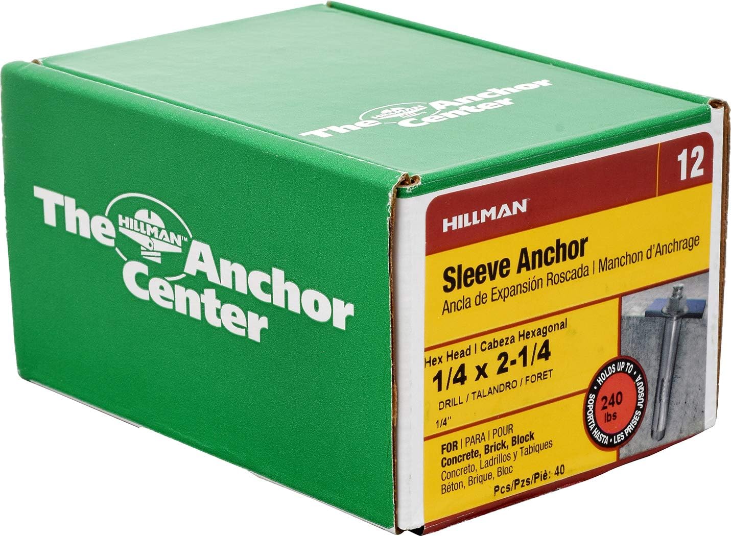 Hillman 370824 Hex Head Sleeve Anchor, 1/4 X 2-1/4-Inch, 40-Pack