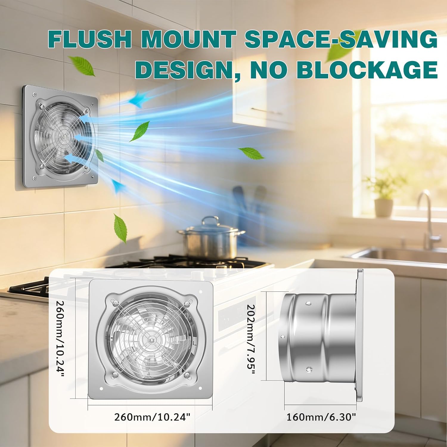 8 Inch Kitchen Exhaust Fan, Metal Wall Mount Vent Fan with Low Noise, Suitable for Smoke, Grease & Odor Removal, Silver
