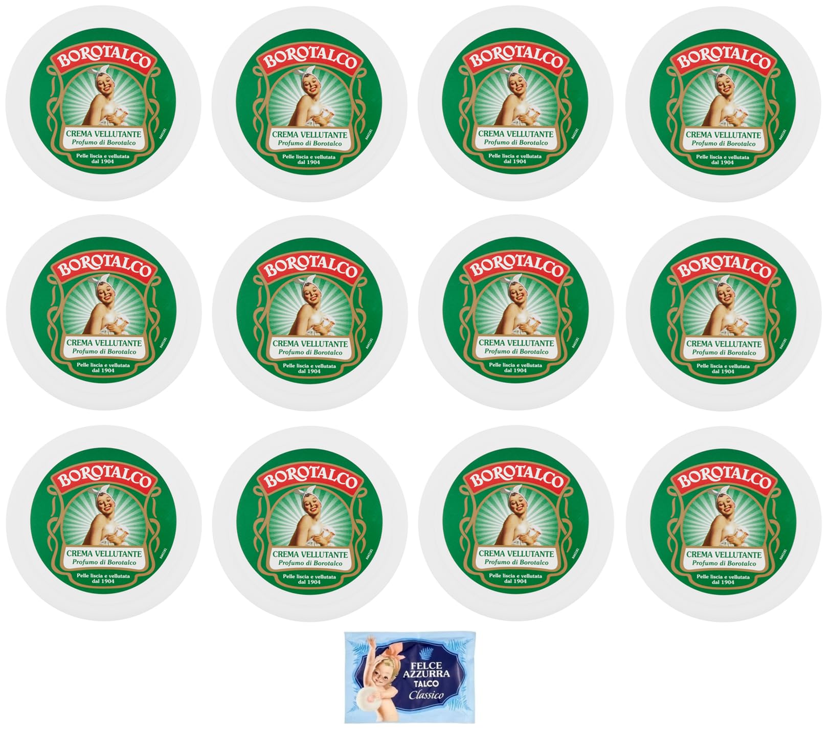 12x Borotalco - Crema Vellutante, Profumo di Borotalco, Pelle liscia e vellutata - 150ml + 1 Busta di Talco Felce Azzurra in omaggio da 100g