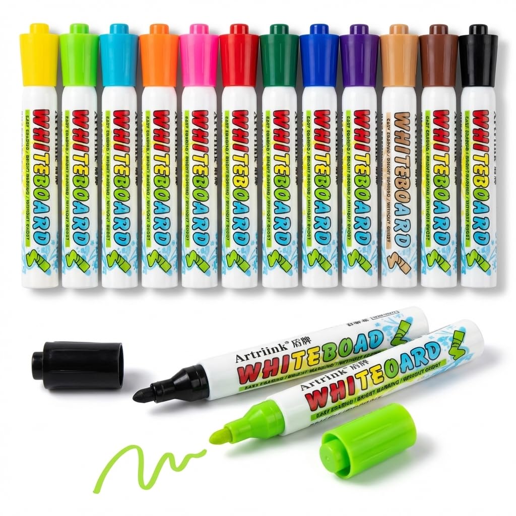 CleaZeny 12 Colors Refillable Dry Wipe Whiteboard Pens for Office, Teaching