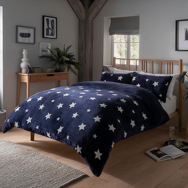 Olivia Rocco Teddy Fleece Duvet Cover Set Printed Super Soft Quilt Sets Check Stars Stag Design Warm Winter Bedding With Sherpa Reverse, King Stars Navy