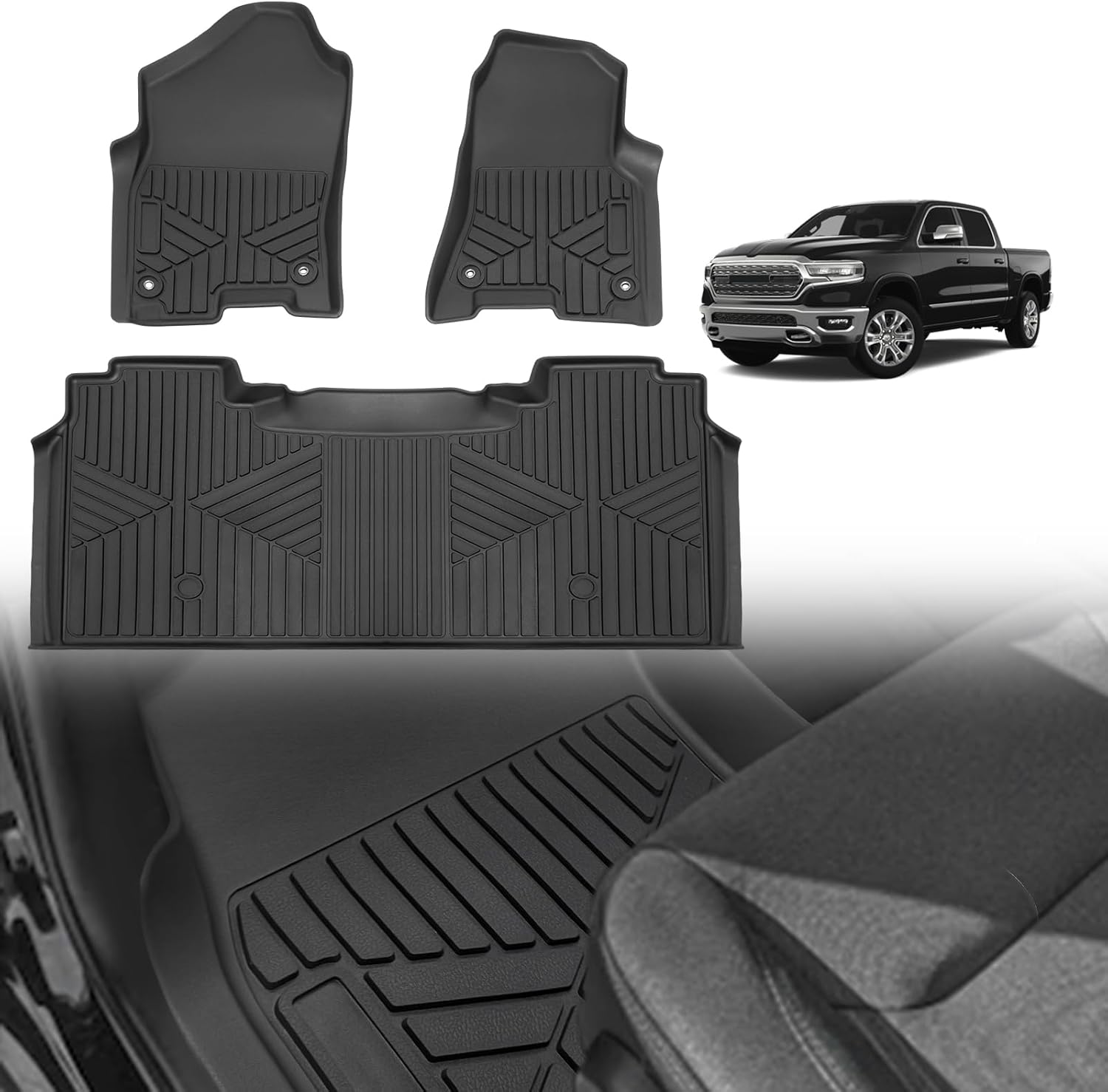 TripleAliners Floor Mats All Weather Liner Compatible with 2019-2025 RAM 1500 Crew Cab w/Under-Seat Factory Storage Accessories 1st & 2nd Row TPE Heavy Duty Custom Fit Floor Liners(Not for Classic) RAM1500|19-24|Crew Cab|Floor Mats