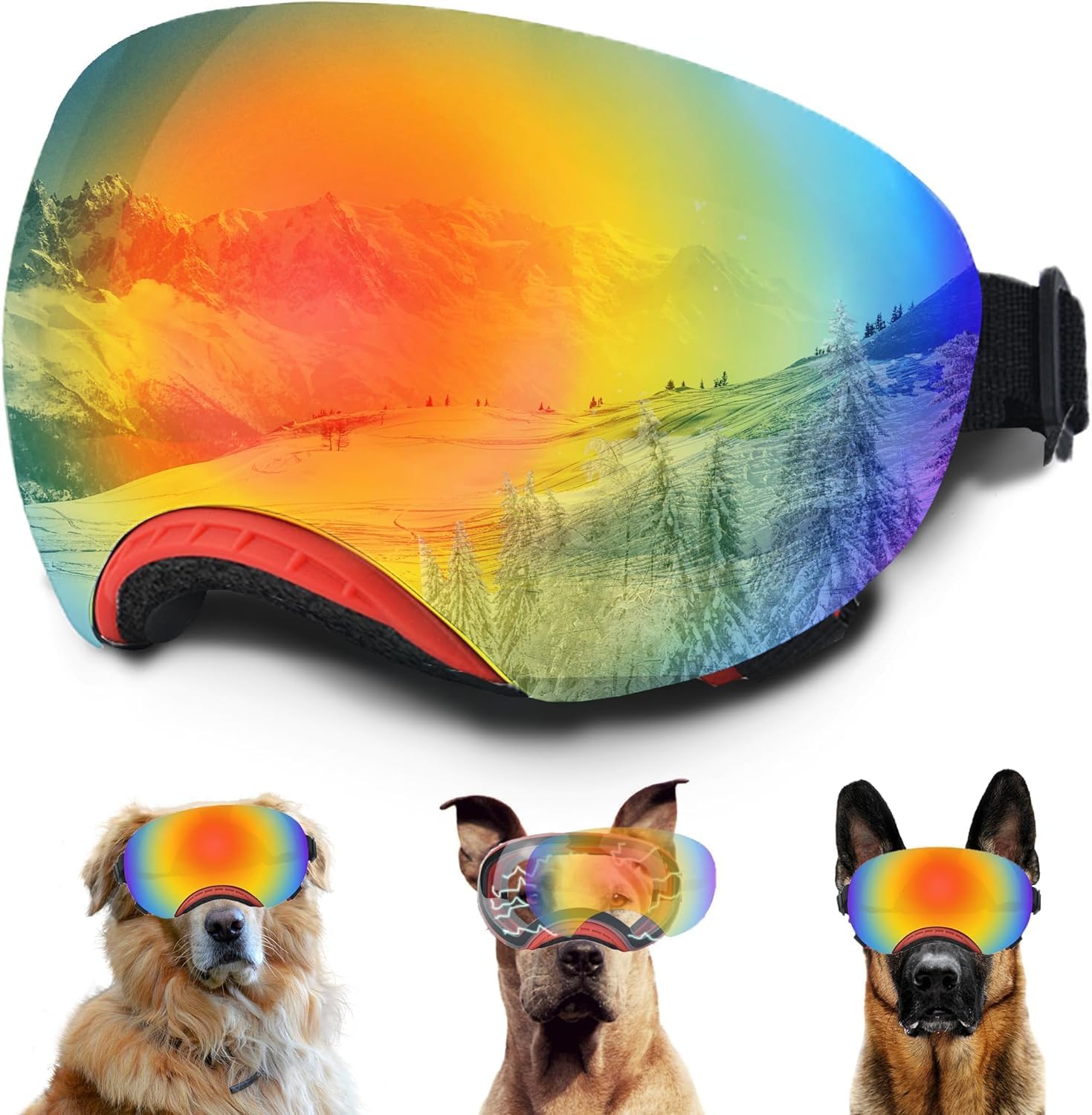 Cool Dog Goggles Sunglasses Magnetic Reflective Colored Lens with Adjustable Strap for Medium-Large Size Dogs Windproof UV Eye Protection (Red)