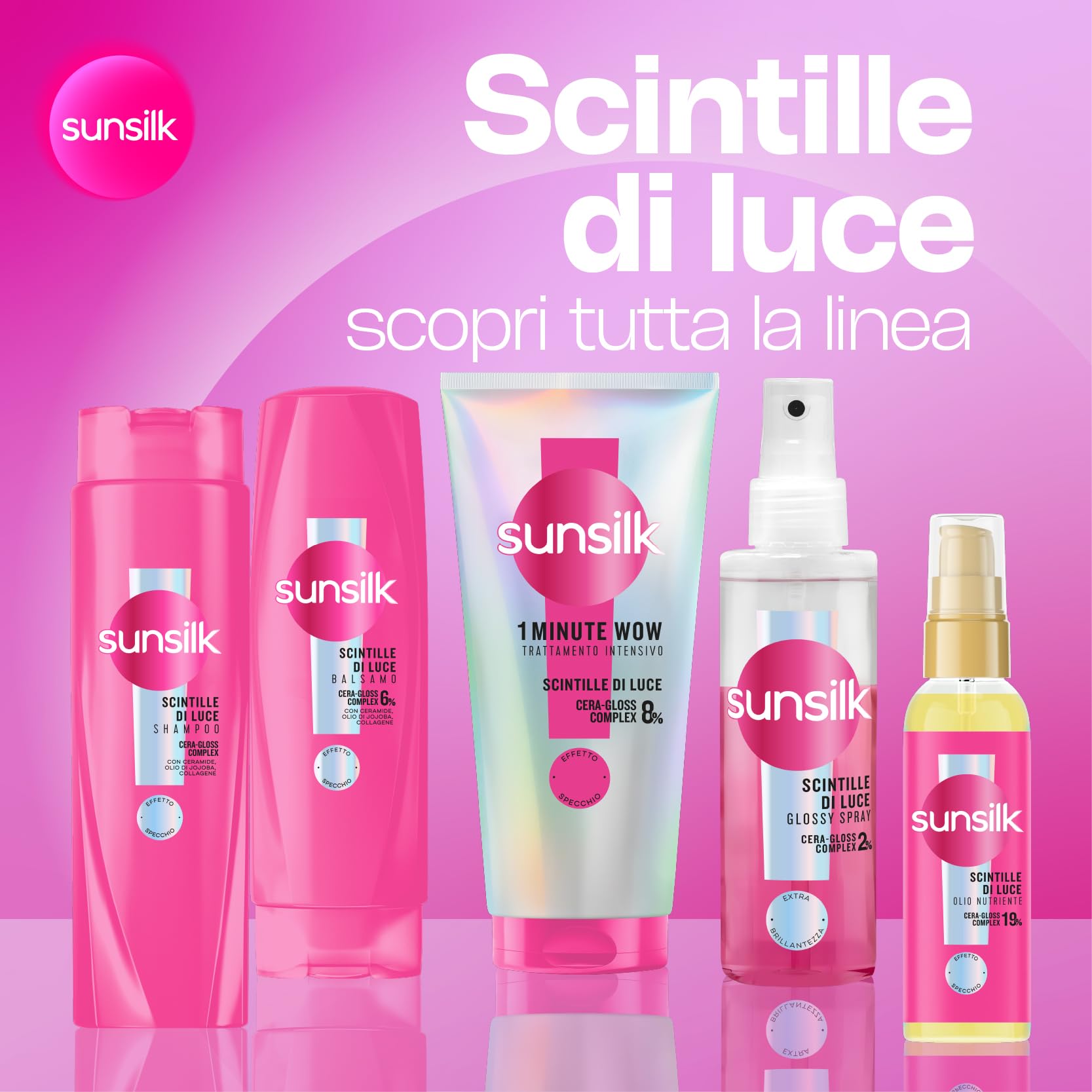 Sunsilk, Acquaspray Scintille di Luce, Glossy Spray Brillantezza Istantanea, Districante Capelli con Olio d'Argan, Contrasta l'Effetto Crespo, Dona Brillantezza per Capelli Luminosi, 6 Pezzi da 200ml