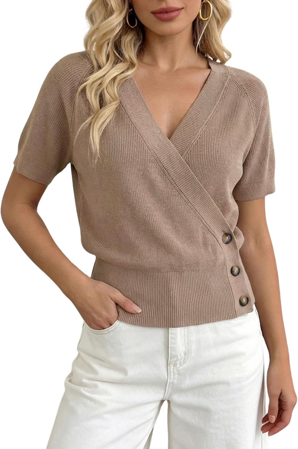 SCUSTY Women's Short Sleeve Knit Sweater V Neck Summer Casual Business Knitted Pullover Tops