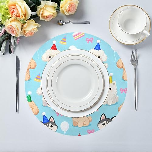 Miniatura 4 de Happy Birthday Cute Dog Round Natural placemats Linen Waterproof Place mat individuales para mesa de comedor redondos 15.4x15.4in Set of 6
