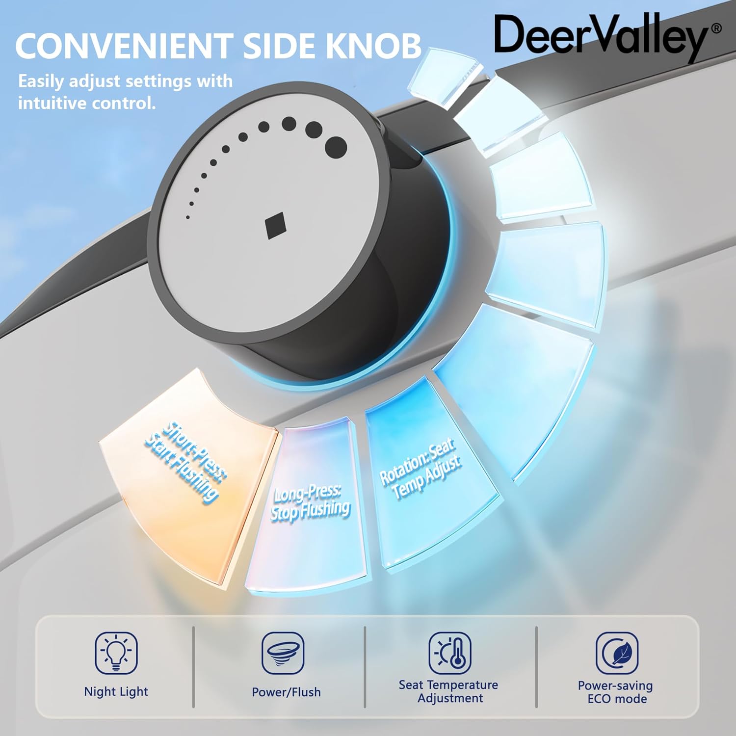 Close-up of the DeerValley smart toilet's side control knob with functions like night light, flush, and seat temperature.