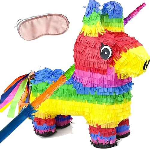 GIFTEXPRESS Piñata de burro arcoíris de 16 pulgadas con palillo de piñata de tamaño completo de 33 pulgadas y venda, decoración de fiesta temática