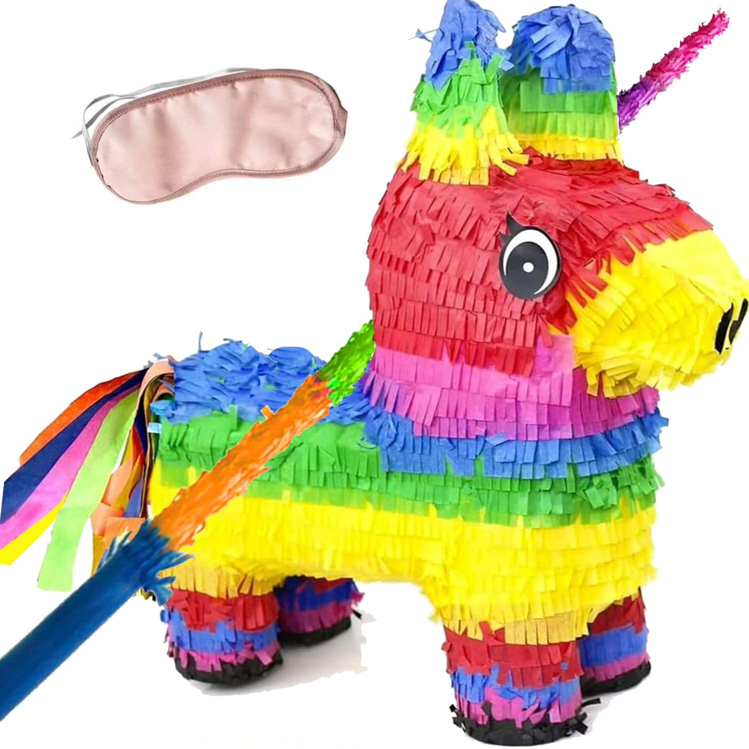 GIFTEXPRESS 16" Rainbow Donkey Pinata with Full-Size 33" Pinata Stick and Blindfold- Mexican Theme Party Decoration for Birthdays, Fiestas & Cinco de Mayo - 16 x 13 x 4.5 Inch Kids Party Favors