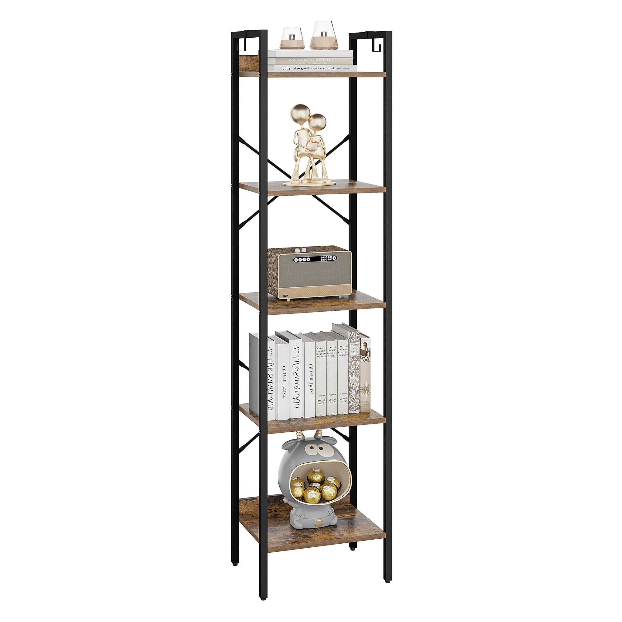 Hzuaneri Bookcase, 5-Tier Bookshelf, Narrow Bookcase Shelving Unit for Living Room, Office, Sturdy, Bedroom, 24 x 40 x 160 cm, Industrial, Rustic Brown and Black, BC10501B