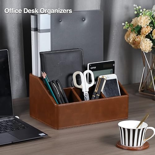 Miniatura 8 de MEIBOOCH Organizador de escritorio de cuero, soporte de control remoto de suministros de oficina de lujo con posavasos, se adapta a escritorio de
