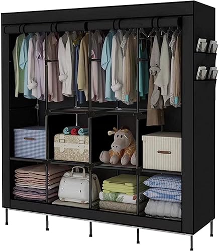 AGASY Organizador de ropa portátil con 6 estantes de almacenamiento, 4 secciones para colgar, 4 bolsillos laterales, negro (negro)
