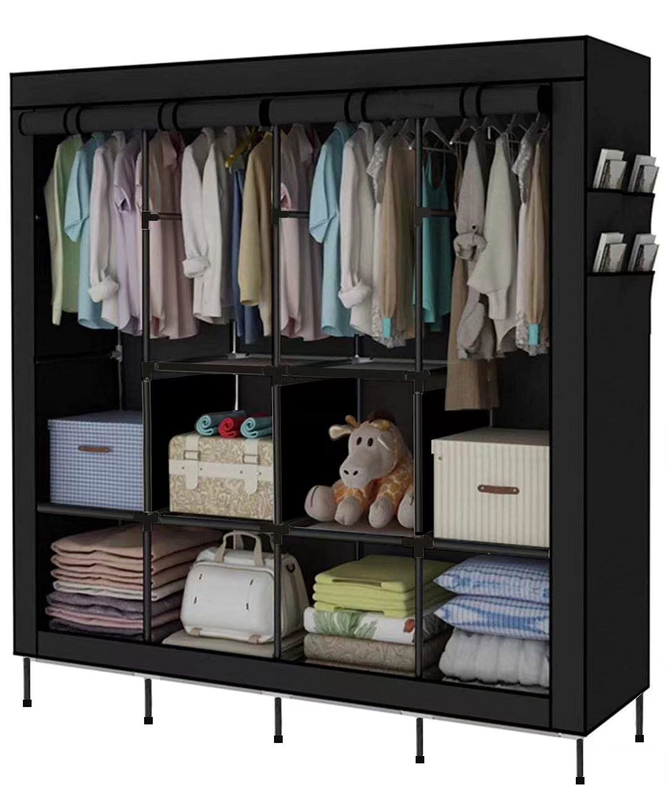 AGASY Portable Closet Large Wardrobe Closet Clothes Organizer with 6 Storage Shelves, 4 Hanging Sections 4 Side Pockets,Black (Black)