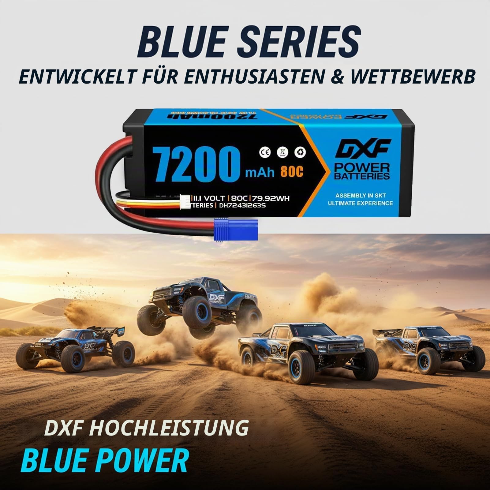 DXF 3S LiPo Akku 11.1V 7200mAh 80C Hardcase mit EC5 Stecker für RC Car Truck Auto Boot LKW Truggy Hobby 1:8 1:10 Hohe Leistung Lange Laufzeit Robust Weit Verbreitet
