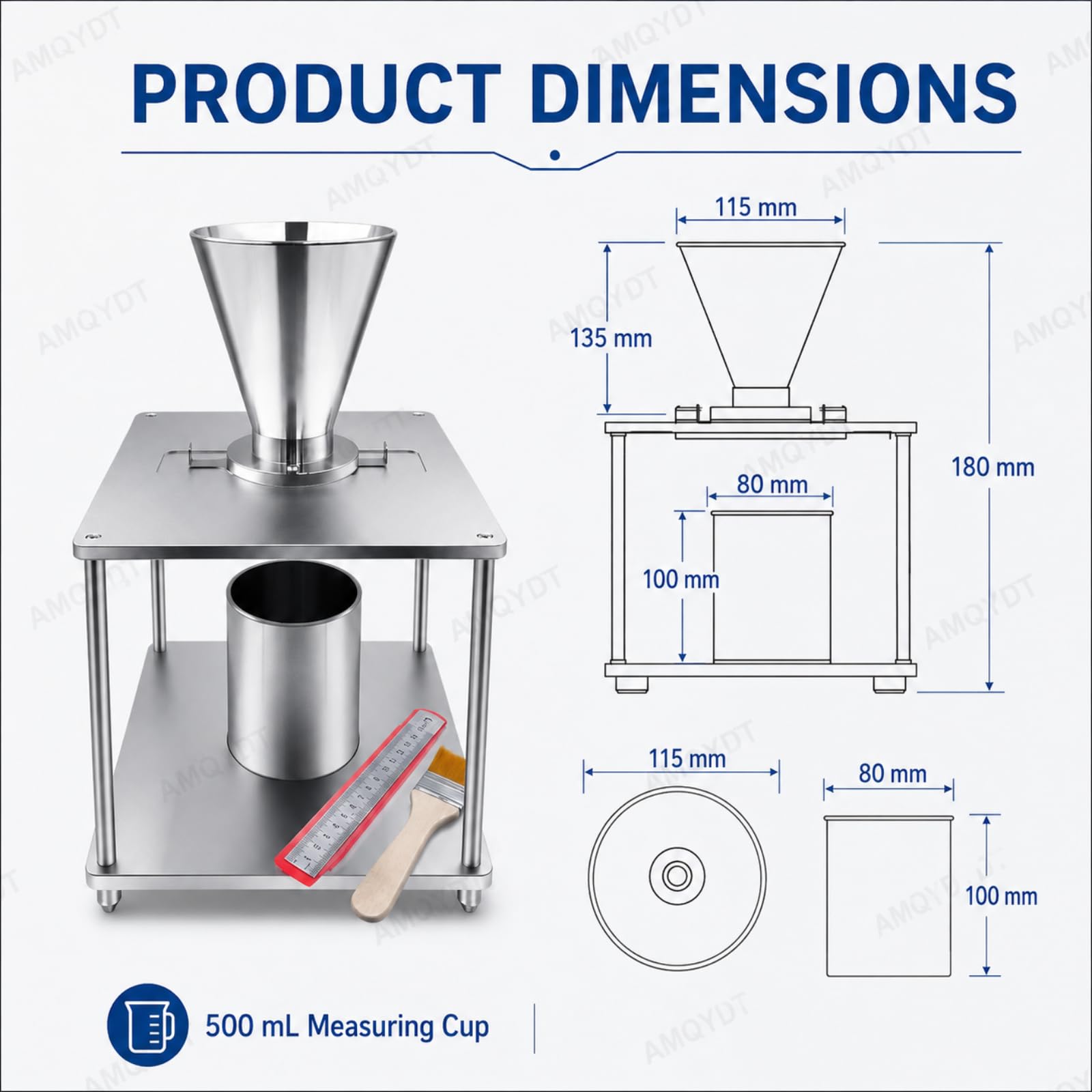 Medidor De Densidad Aparente De Polvo, Volumétrico De Acumulación Natural, Densímetro De Acero Inoxidable con Vaso Medidor De 500 Ml Y Salida De Embudo De 30 Mm para Polvos De Metal Y Aleación