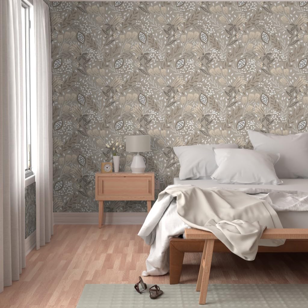 Spoonflower Peel & Stick Wallpaper 3ft x 2ft - Neutral Botanical Meadow Floral Nature Seeds Leaf Custom Removable Wallpaper