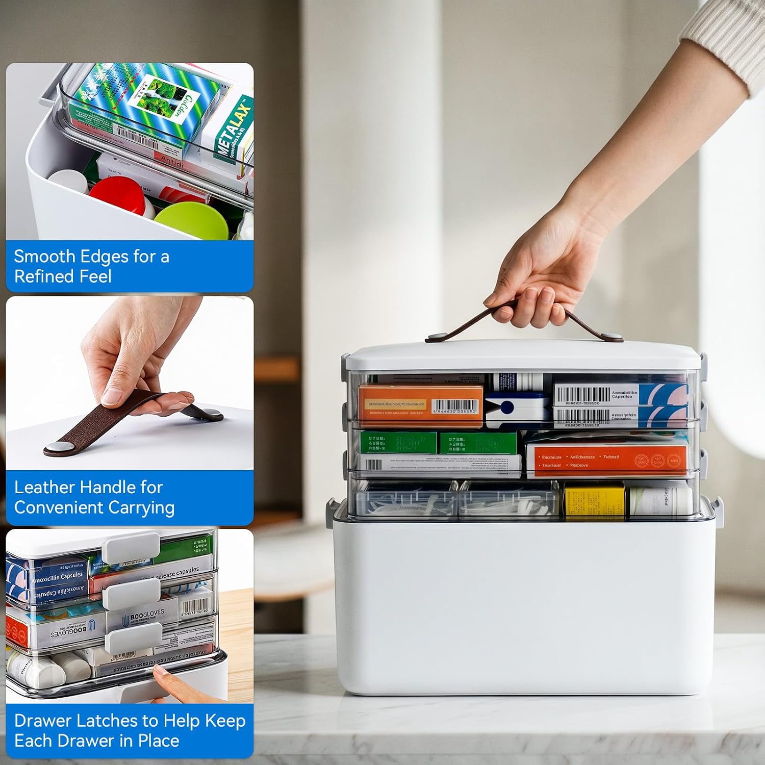MUEE 4-Tier Medicine Organizer Box with Handle & Side Latches