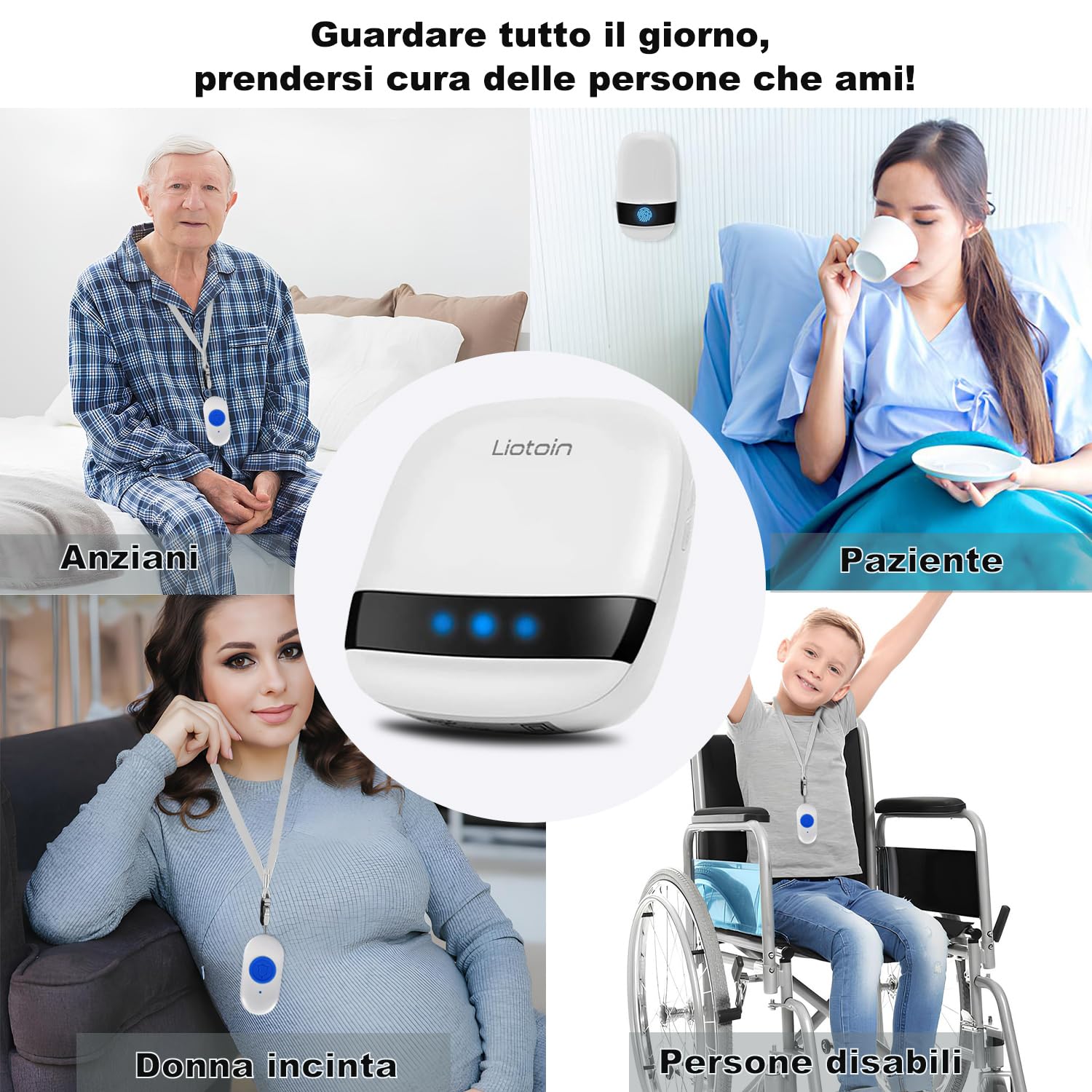 Pulsante di Chiamata Wireless, LIOTOIN Cercapersone con LED in Portata Fino a 180m Impermeabile Sistema di Assistenza per Anziani Pazienti Disabili Casa Ospedale (5 Trasmettitori 3 Ricevitori)