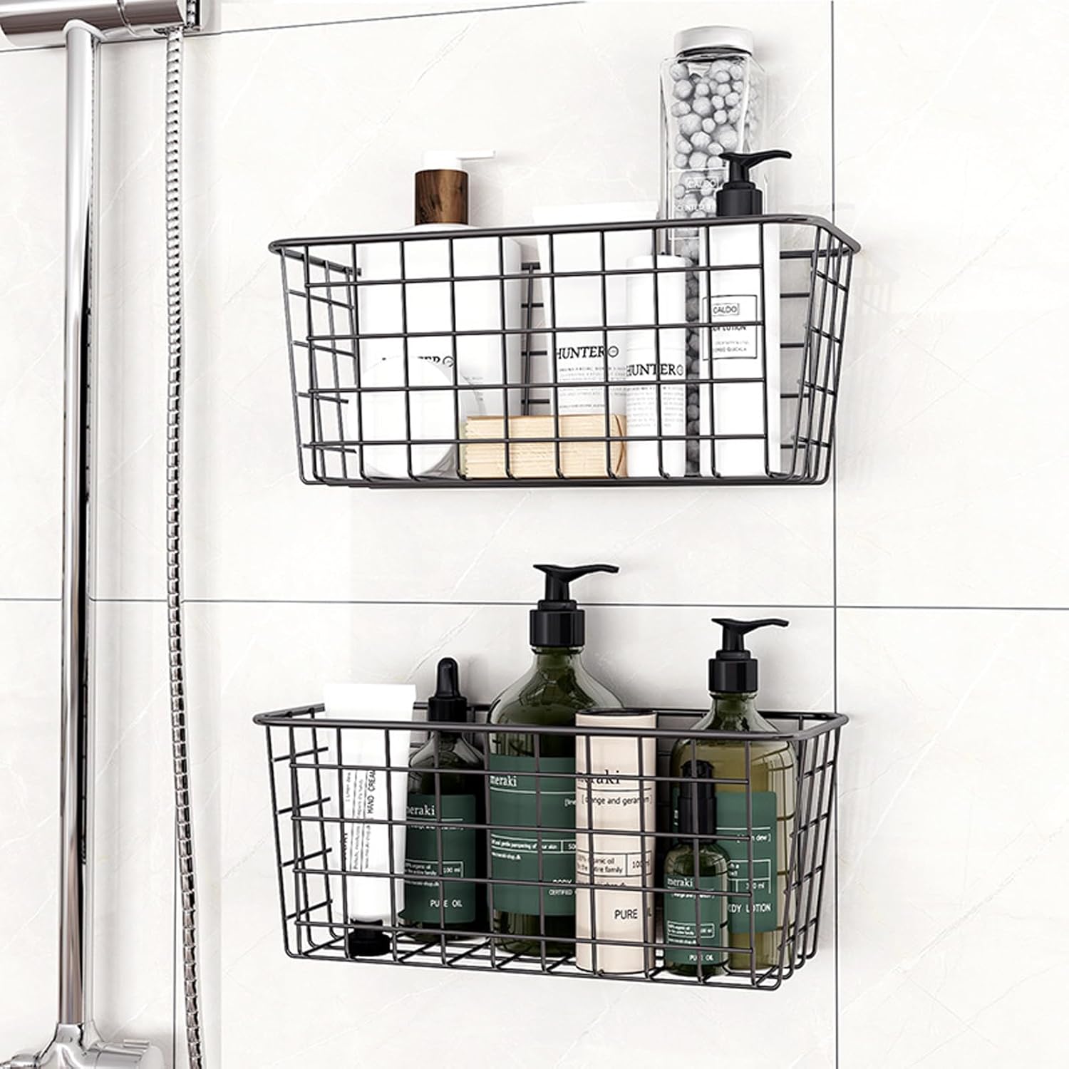 Adhesive Basket Wall Wire Basket Over the Cabinet Door Organizer No Drilling Mounted 4 Pack, Black