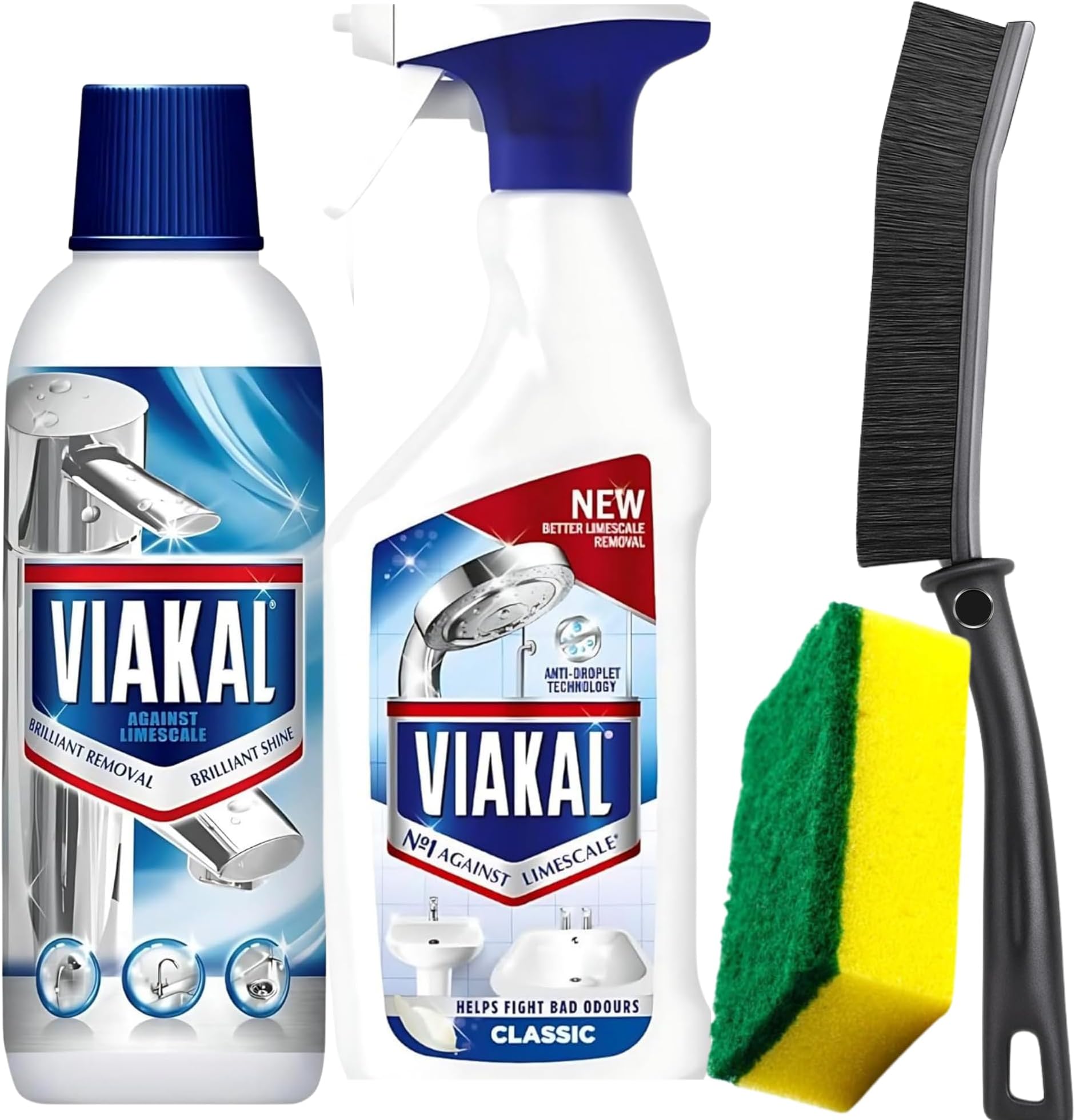 Limescale Removing Bundle Set– Viakal Original Limescale Remover Spray 500ml & Cleaning Liquid 500ml with Crevice Brush & Scrub Sponge for Bathroom, Shower & Toilet Cleaner Set