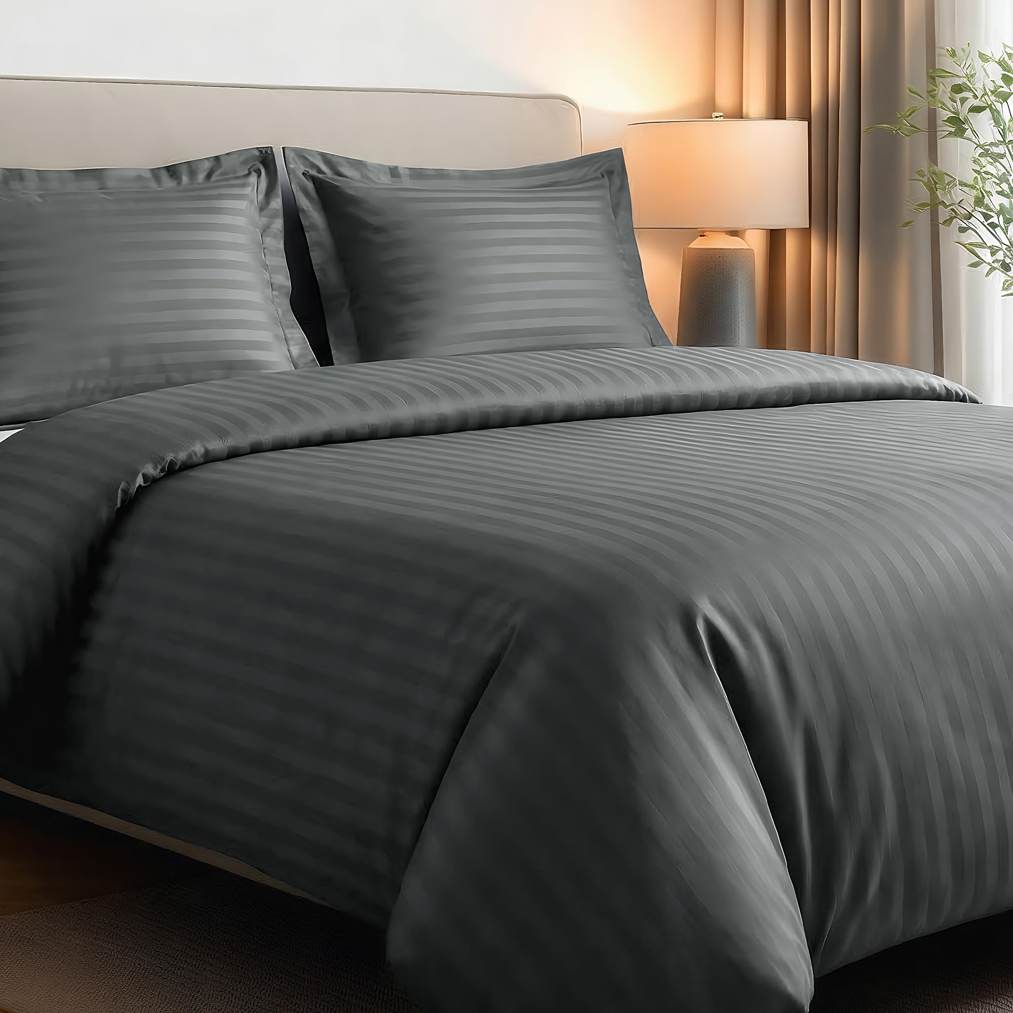 Deconovo Double Bedding Set Grey, Soft Microfibre Double Duvet Set, Embossed Striped Bedding Design, OEKO-TEX Certified, Easy Care Bedding Sets(200x200cm, Charcoal Grey)