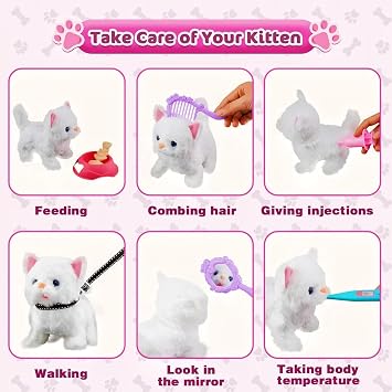Electronic Pet Cat Interactive Plush Toy kids,Pet Grooming and Feeding Playset with Lockable Cage,Cat Walking Barking Wagging Tail Educational Toy,Pretend Dress Up Toy,Gifts for Boys and Girls 3+