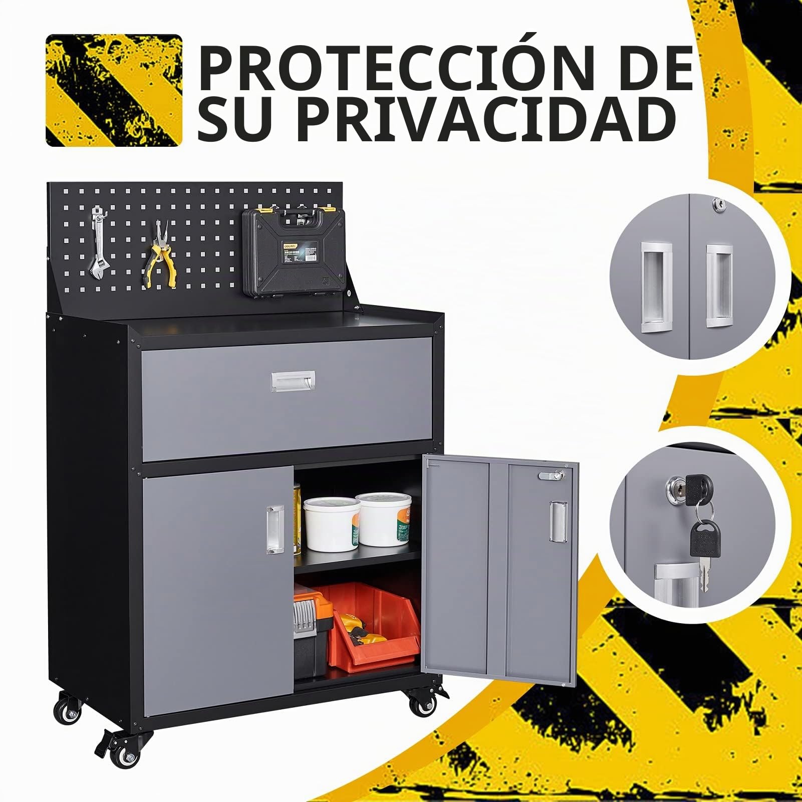 Sightlife Armario de Herramientas con Ruedas Armario de Garaje con 1 Cajón y 2 Puertas con Cerradura, Arcón de Garaje Ideal para Herramientas y Accesorios