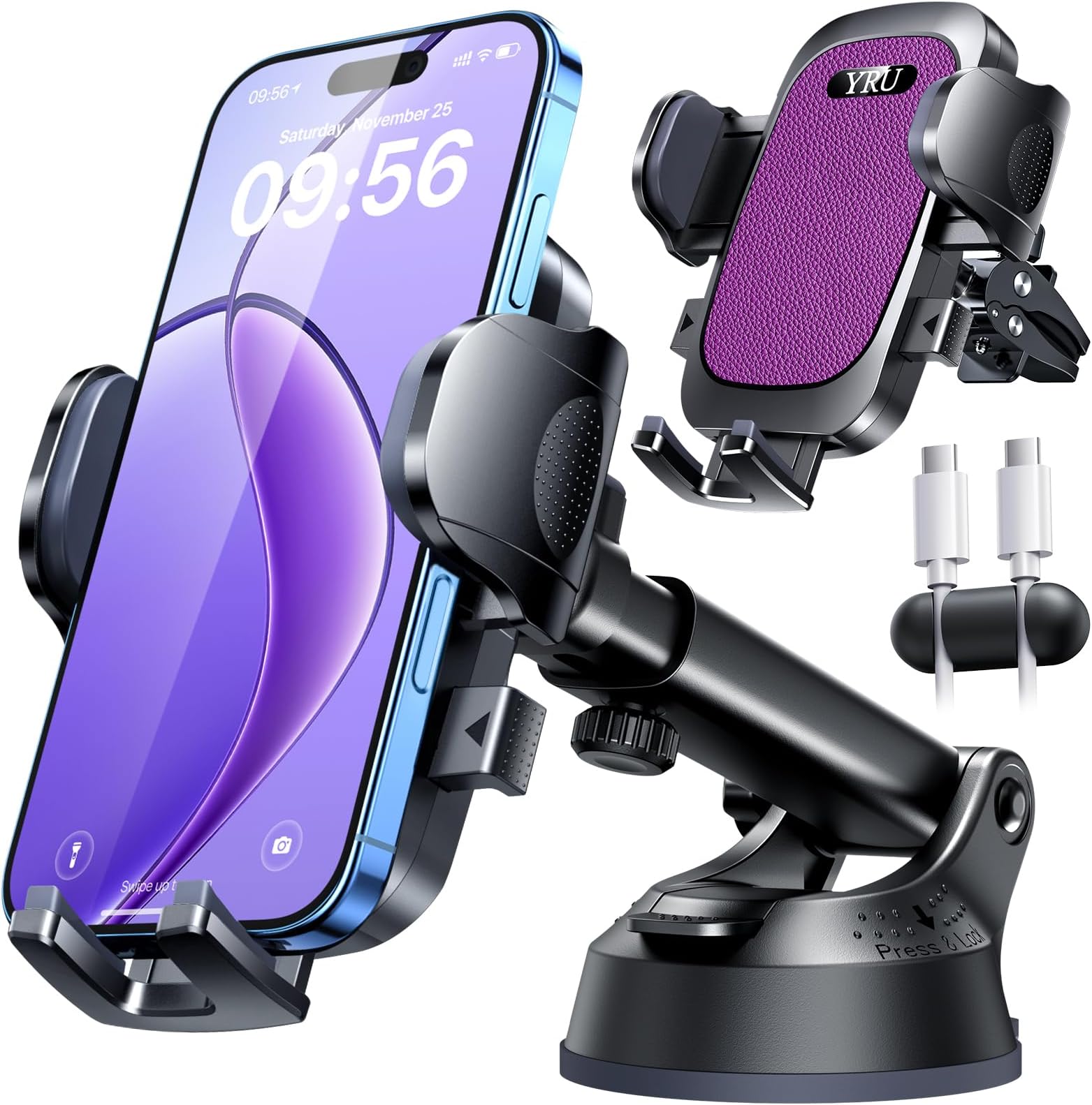 [2025 Upgrade Extreme Strong Suction] YRU Car Phone Holder Mount,[Bumpy Road Stable]Dashboard Cell Phone Holder for Car Vent Windshield Phone Stand for iPhone 16 15 14 13 Pro Max Samsung Truck, Purple