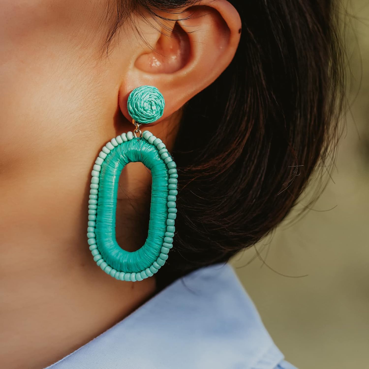 Beaded Raffia Boho Earrings - Cute Seed Bead Square Drop Dangle Earrings for Summer - Image 7