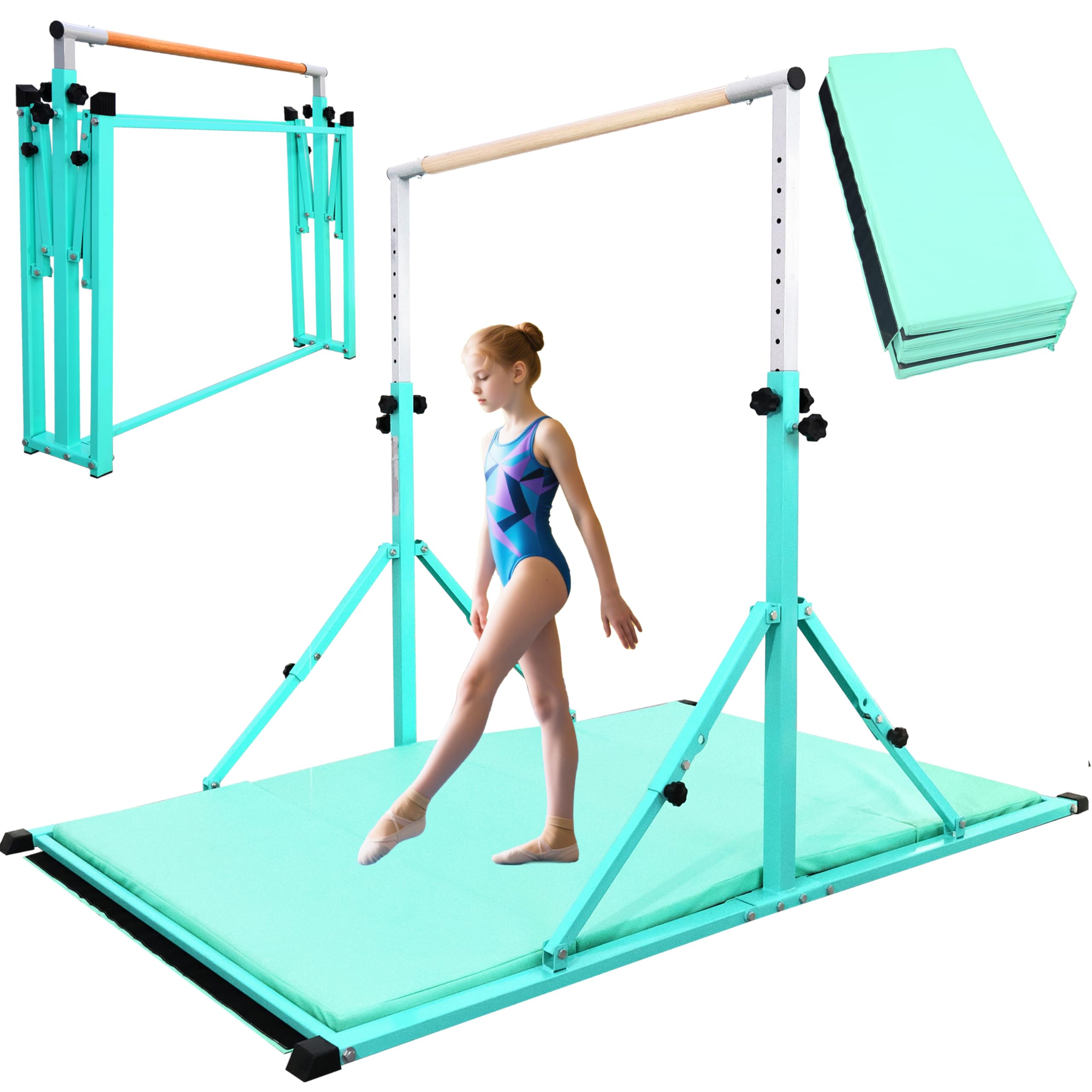 PreGymnastic Foldable Gymnastics Bar, 5.6FT Folding Horizontal Bars for Kids Ages 3-12, Weight Limit 350 LBS, Adjustable kip Bar, Children Home Gym Equipment Indoor