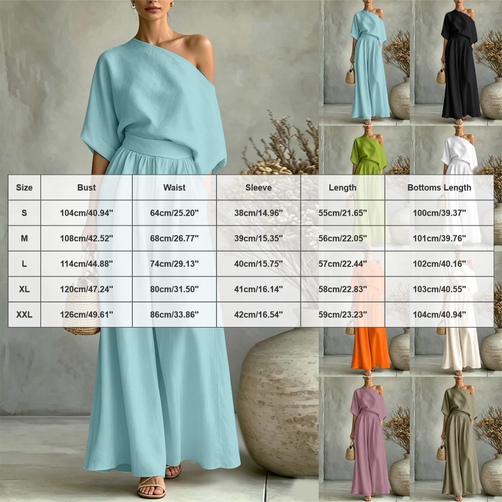 Lino Ropa Conjunto 2 Piezas Mujer Ropa de Lino Mujer Verano Conjuntos Top Cuello V y Pantalones Anchos Color Sólido Casual Elegante Conjunto Top Pantalones Sueltos con Bolsillo para Playa Vacaciones