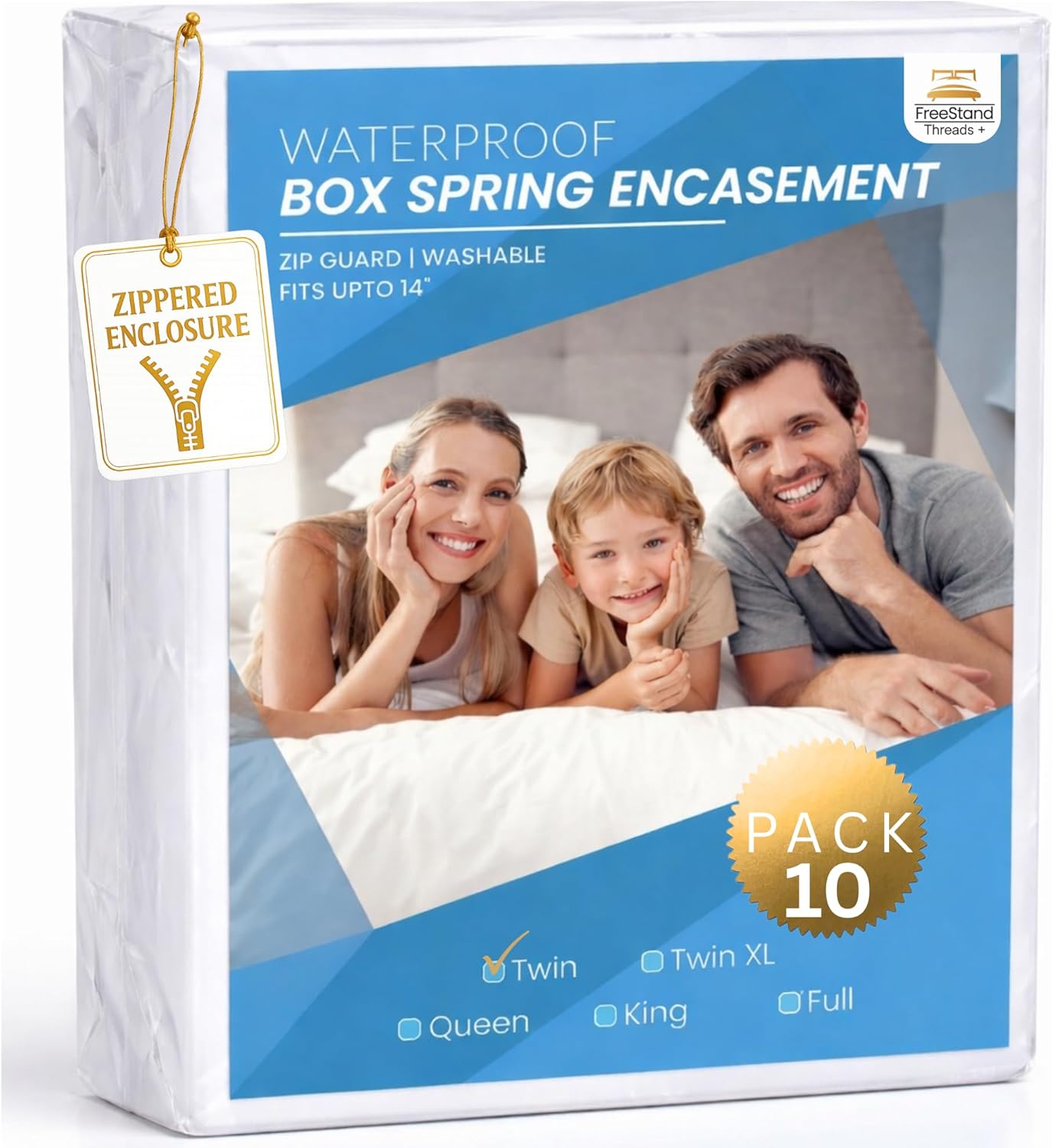 Threads+ Twin Box Spring Encasement, 78"x80", Waterproof & Breathable, 110 GSM Soft Jersey Knit with TPU Layer, Zippered 6-Sided Bed Cover, Full Coverage Barrier (10 Pack, White) Brand: Threads Plus