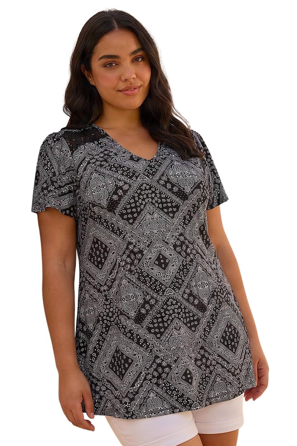 Roman Curve Patchwork Print Lace Top, Black, Size 22-24, Women