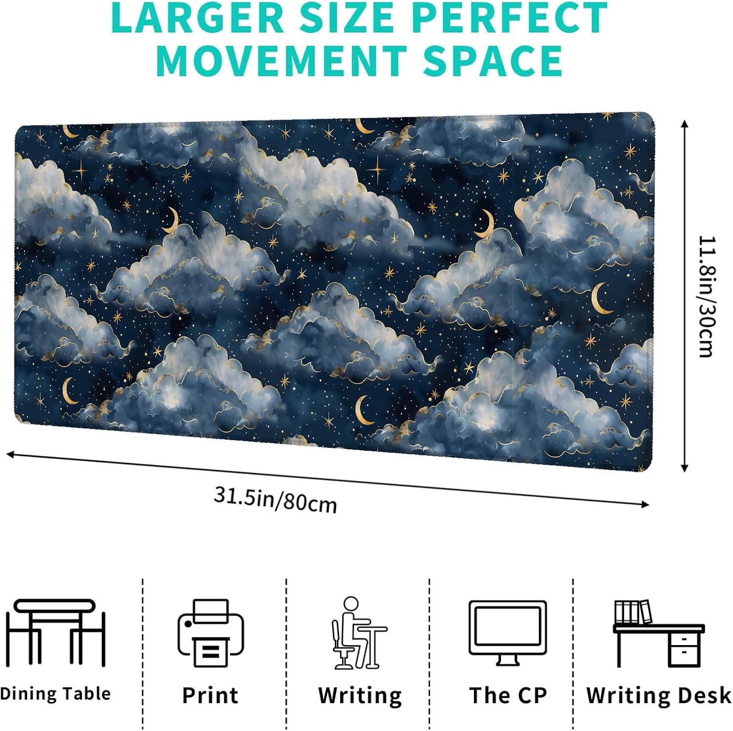 Moon and Cloud Gaming Mouse Pad,12x31.5in Non-Slip Rubber Starry Night Sky Desk Mat,Large Extended Blue Mousepad for Office Home Laptop,Mice Pads Gifts,Game Lover Deskmat Decor