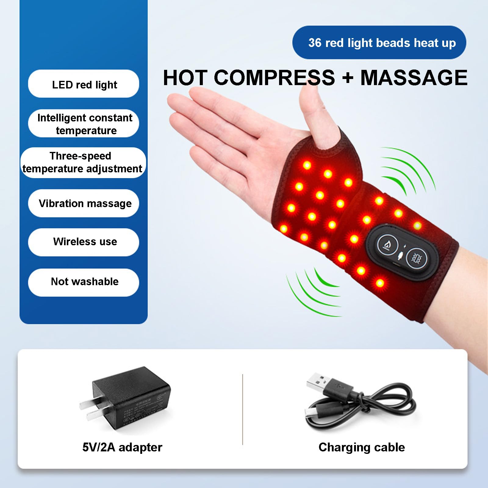 Massaggiatore da Polso Ricaricabile E Riscaldato con Vibrazione E Terapia A Luce Rossa - 3 Livelli di Riscaldamento E 3 modalità di Massaggio, Ricaricabile Tramite USB-C,Black