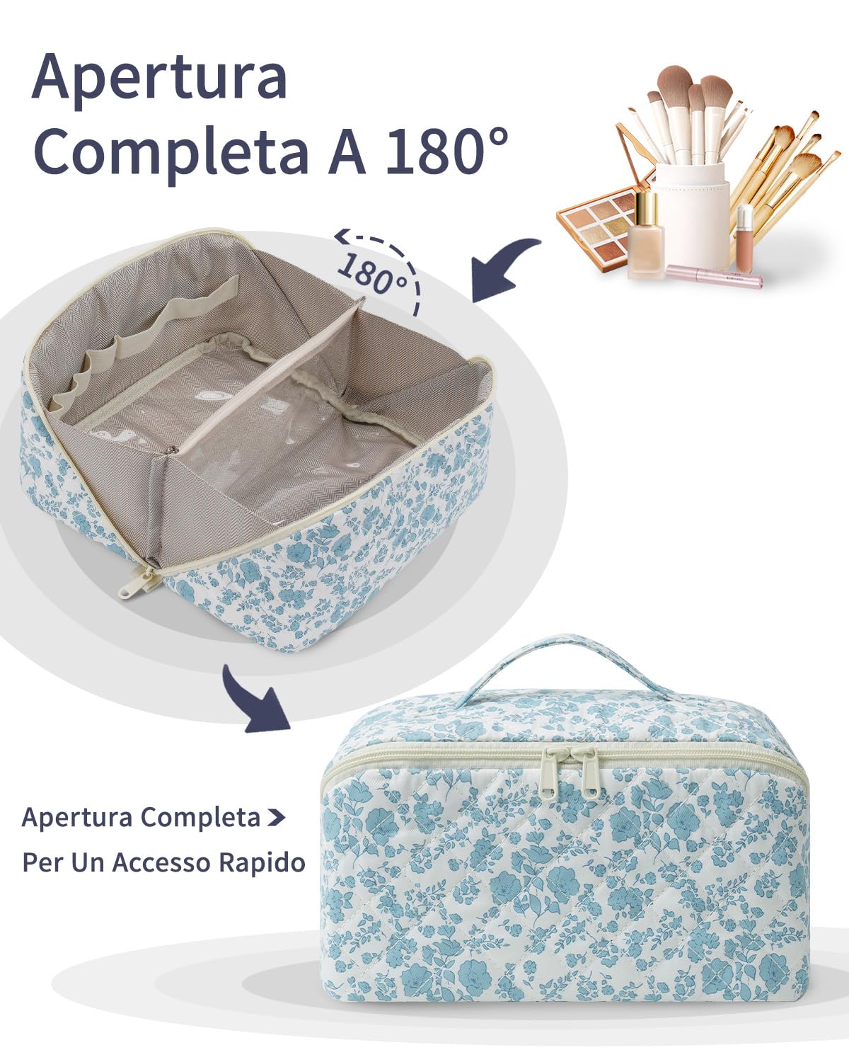 Wandering Nature Beauty Case Donna da Viaggio Impermeabile – Trousse Make Up Grande con Scomparti e Tasca Pennelli, Borsa Trucco Elegante con Manico e Divisorio Trasparente – Idea Regalo Donna