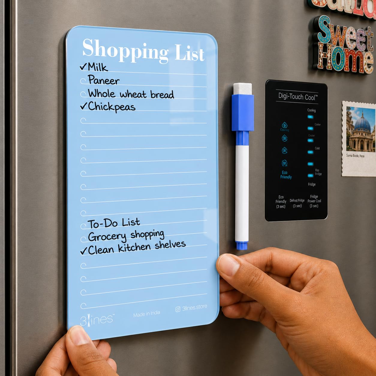 3 Lines Shopping List Fridge Magnet with Marker|Smart Planning & Shopping for Family, Working Professionals| Acrylic Magnetic Notepad for Kitchen Organisation|12x24 cms|Light Blueberry Color|Large