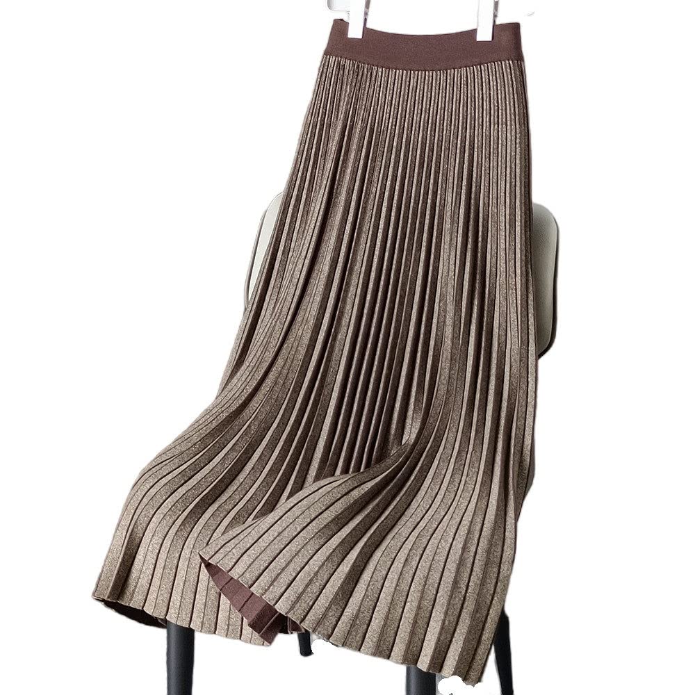 Röcke Damen,Damen Midi Rock Braun Elastisch High Taille Gestrickt Faltenrock Vintage Slim A-Line Swing Ruched Herbst Winter Lange Röcke Für Mädchen Damen