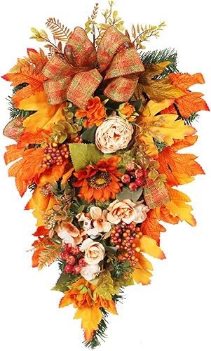 Guirnalda de lágrima artificial de cosecha, guirnalda de cosecha de otoño con girasol de peonía y hojas de arce, guirnalda de lágrima de otoño,